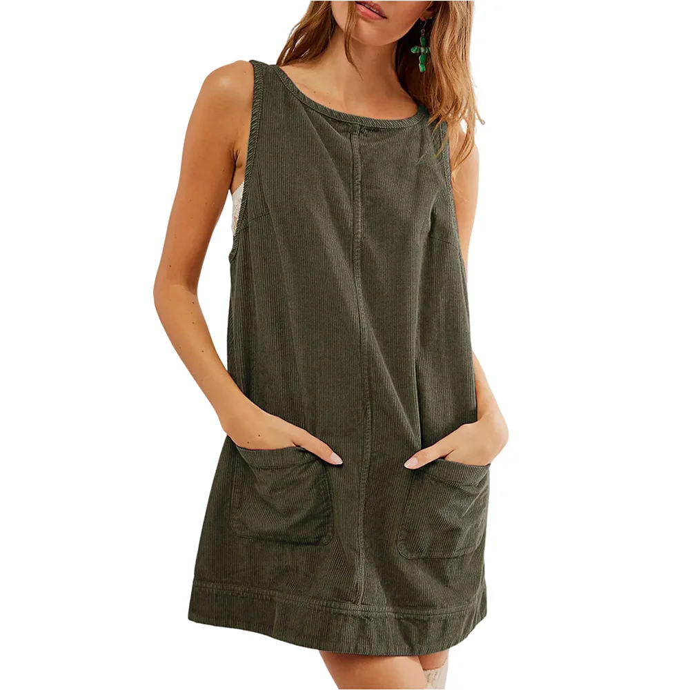 

Spring Summer Women's Dress Corduroy Backless Sleeveless Solid Color Pocket Straight-tube Fashion Street Girl Vest Mini Skirt