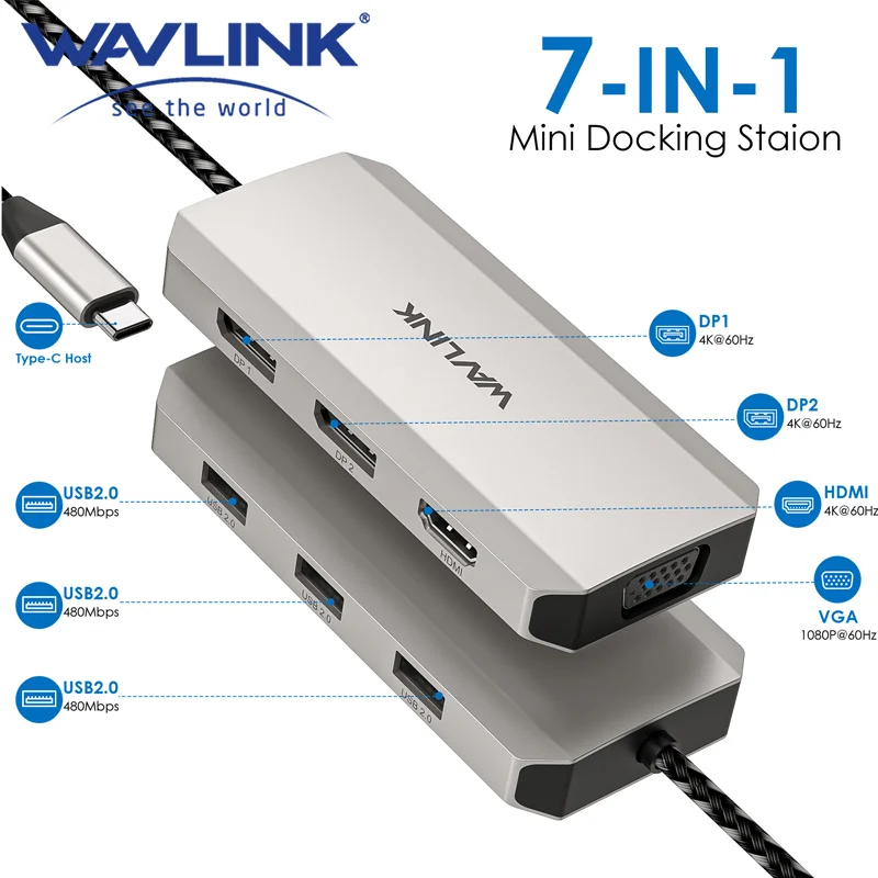 WAVLINK USB C Dock Quad Monitor 7-In-1 4K Docking Station Multiport Adapter for MacBook, Dell XPS, Lenovo Thinkpad HP Laptops