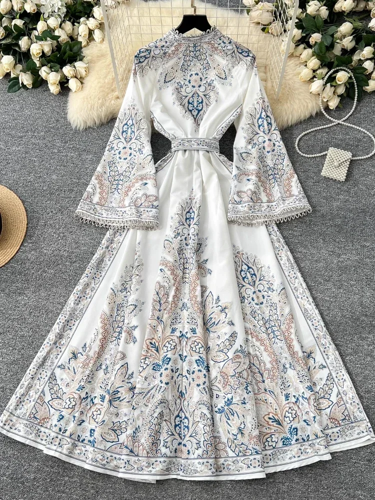 France Elegant Vintage Palace Evening Dress Women Print Sashes Hollow Out Long Party Dress Female Casual Holiday Clothing New