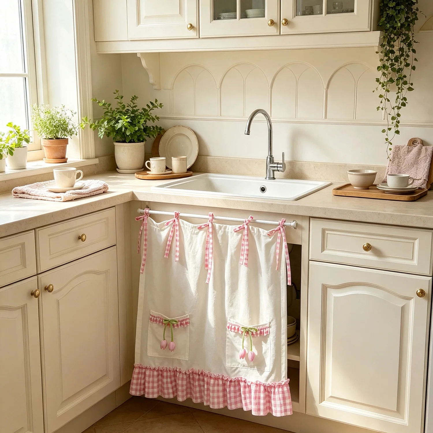 Farmhouse Pink Plaid Ruffle Oven Door Curtain with Tulip Pockets, Tie Top Cabinet Door Organizers, for Kitchen Storage, Cabinet