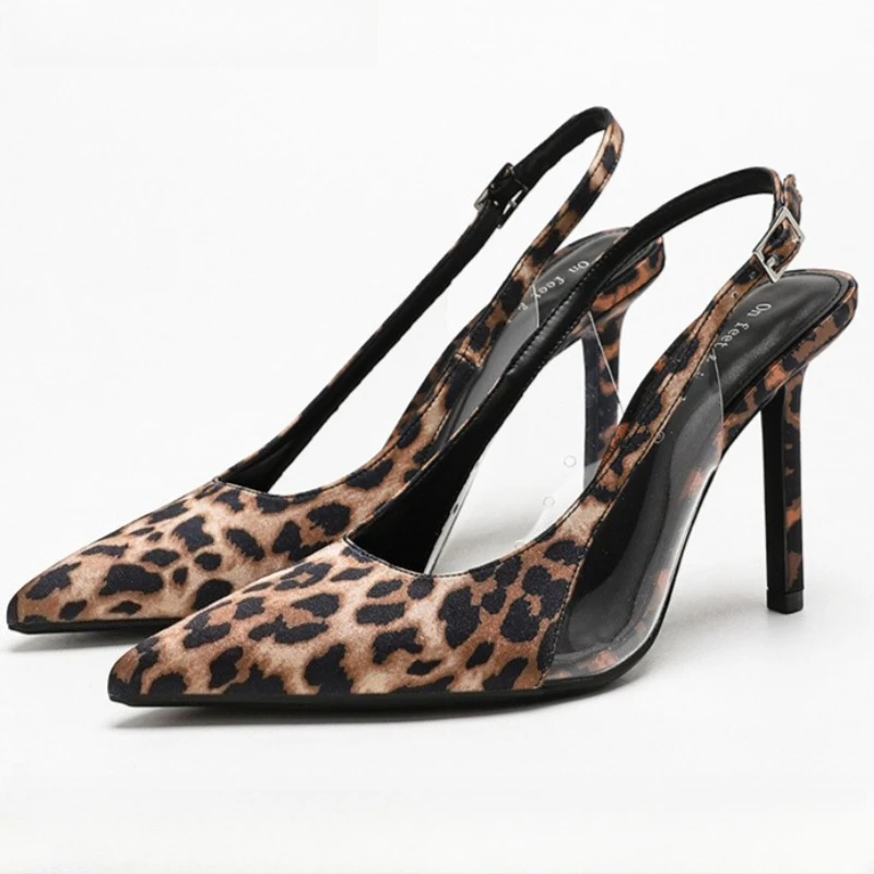 

Leopard Print Splicing Design Slingback High Heels Women Pointed Toe Buckle Heeled Sandals 2026 Spring Comfortable Office Shoes