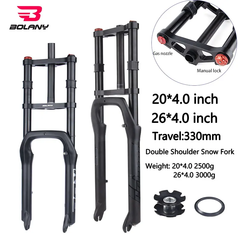 Bolany Double Shoulder Snow Front Fork 20*4.0inch / 26*4.0 inch MTB Fork 130mm Travel Air Supension Bike Fork E-bike Fork