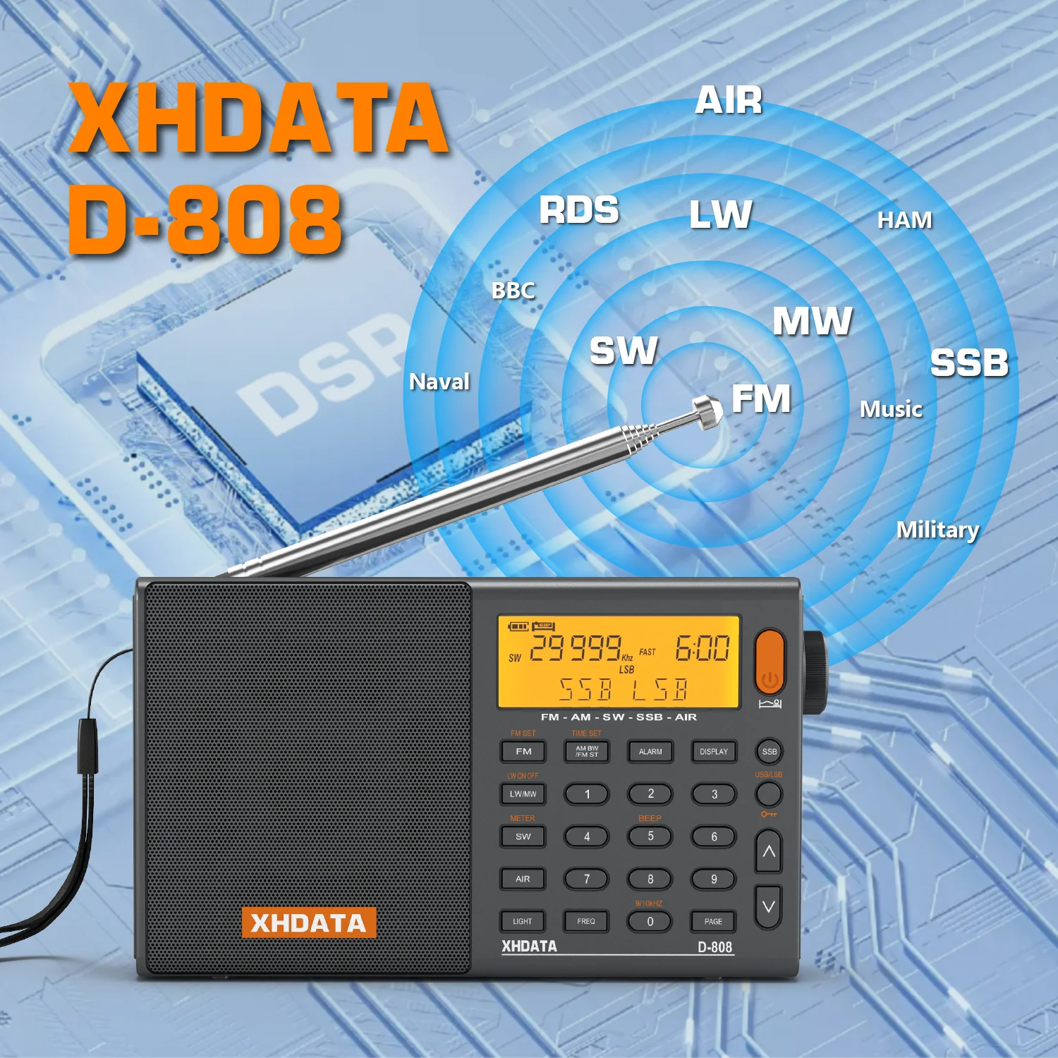 XHDATA D-808 AM/FM/SW/MW SSB AIR RDS Rádio portátil de banda completa com receptor de rádio estéreo recarregável de som profundo multifuncional