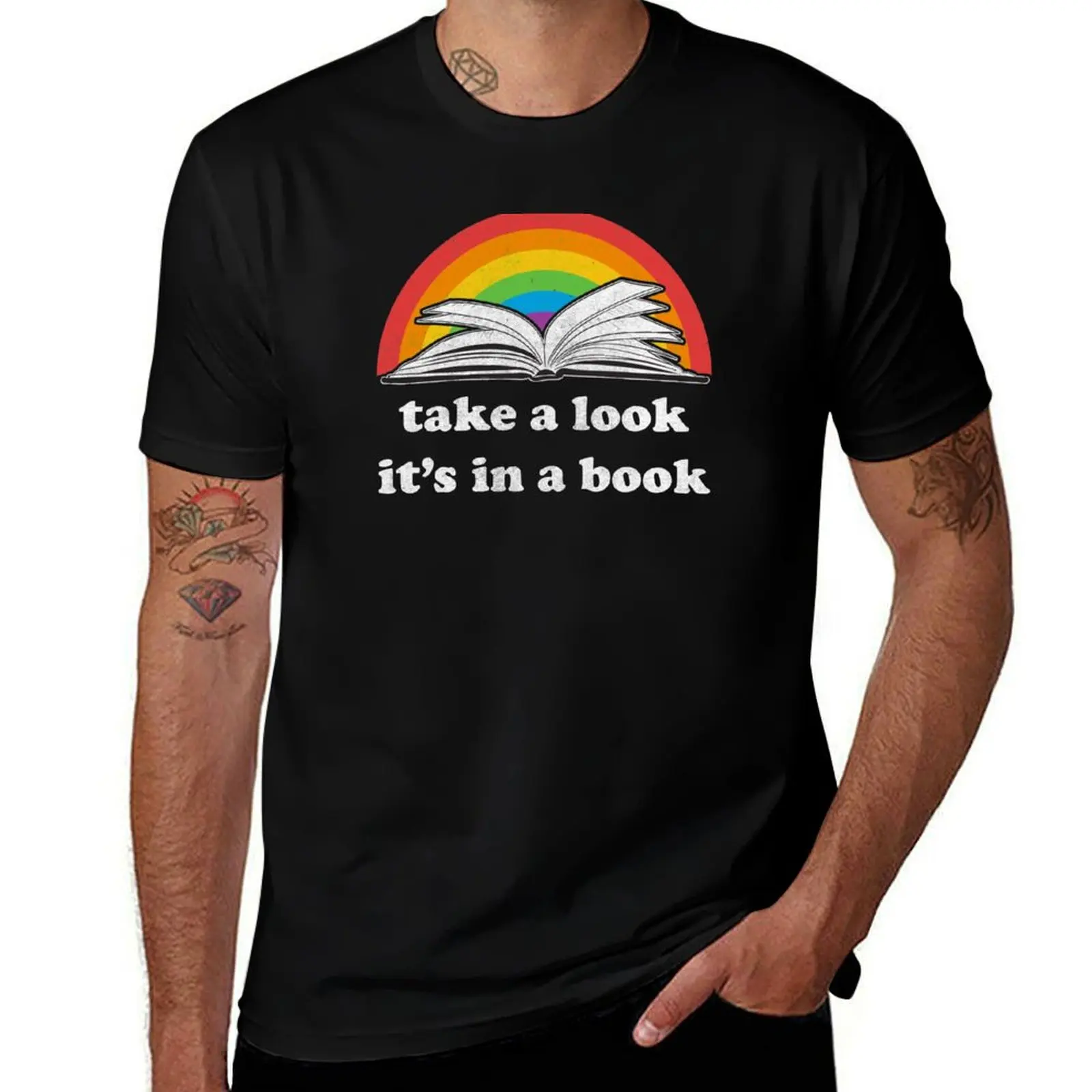 Take a look, its in a book - Retro inspired Reading Rainbow T-Shirt blue lock Blouse plus size men clothing