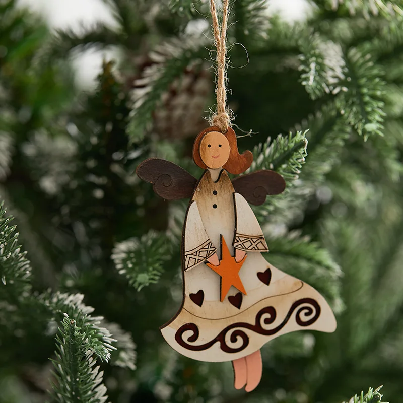 Christmas Decorations Wooden Crafts Pendants Retro Angel Dolls Carving Christmas Tree Pendants Xmas Gifts Ornaments For Home