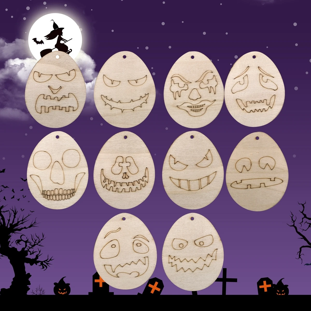 10Pcs Wooden Halloween Egg Hanging Crafts Scary Face Ornament For Treat or Trick Party Decorations Kids DIY Painting Gifts