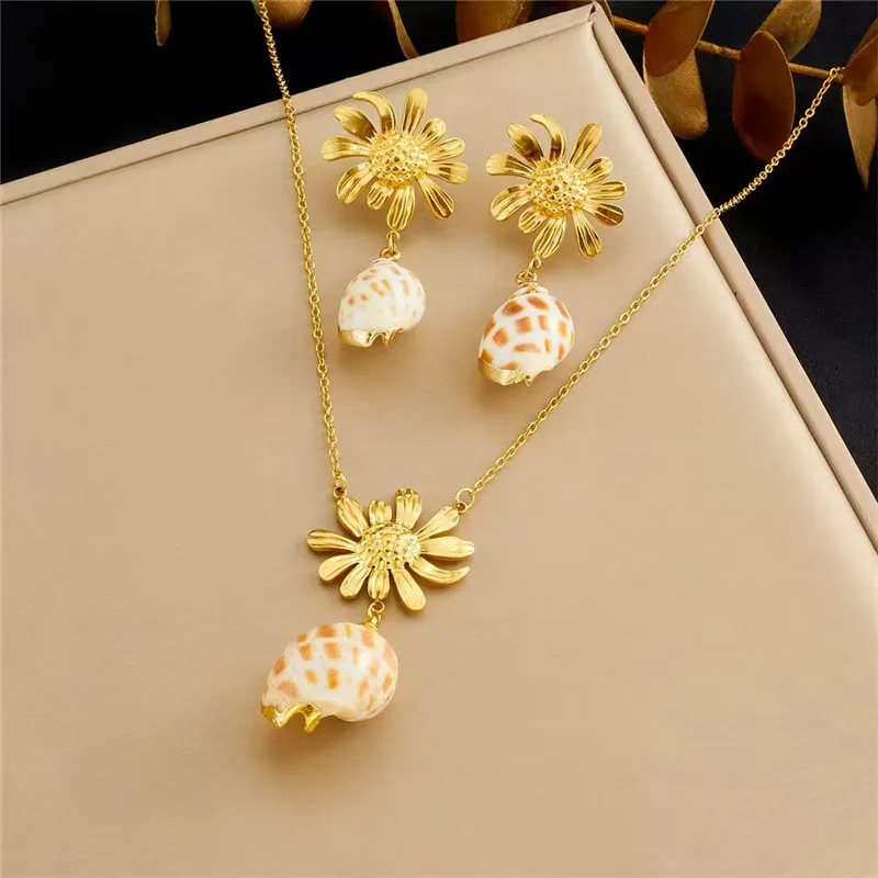 

Irregular Metal Sunflower And Conch Jewelry Set for Women Premium Elegant Luxury Earrings Necklace Vacation Everyday Accessories
