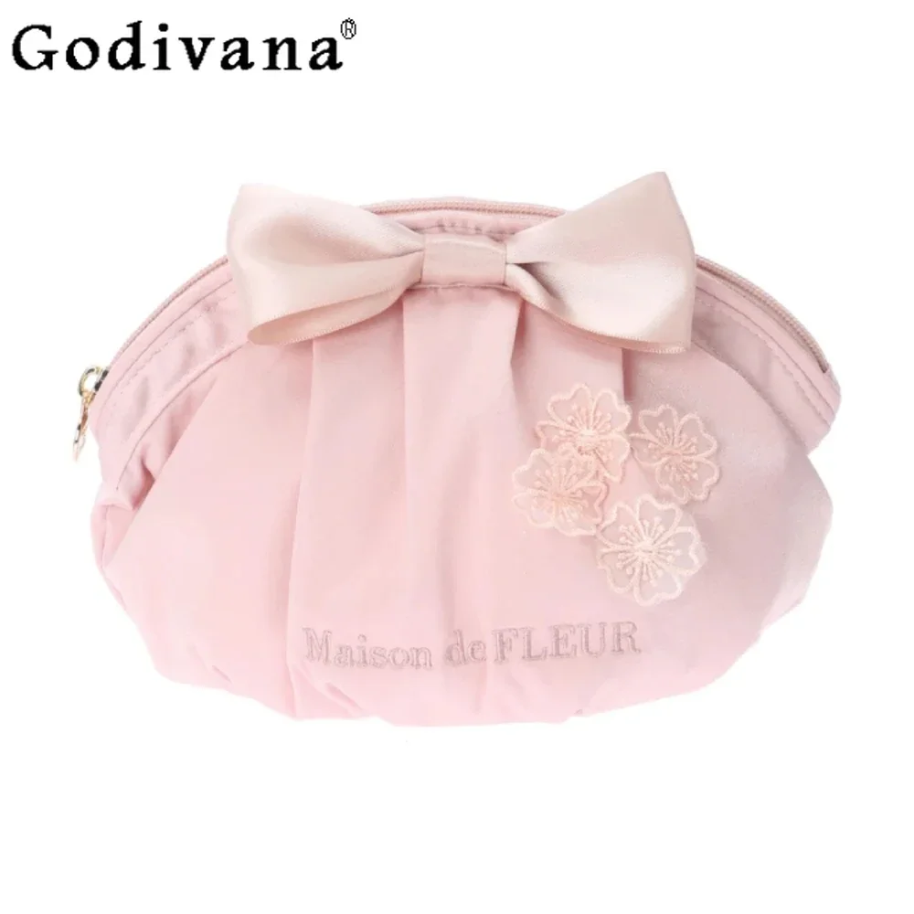 Japanese Sakura Clutch Bag Bow Satin Cosmetic Organizer Sweet Cute Makeup Bags Women Portable Toiletry Case for Girls