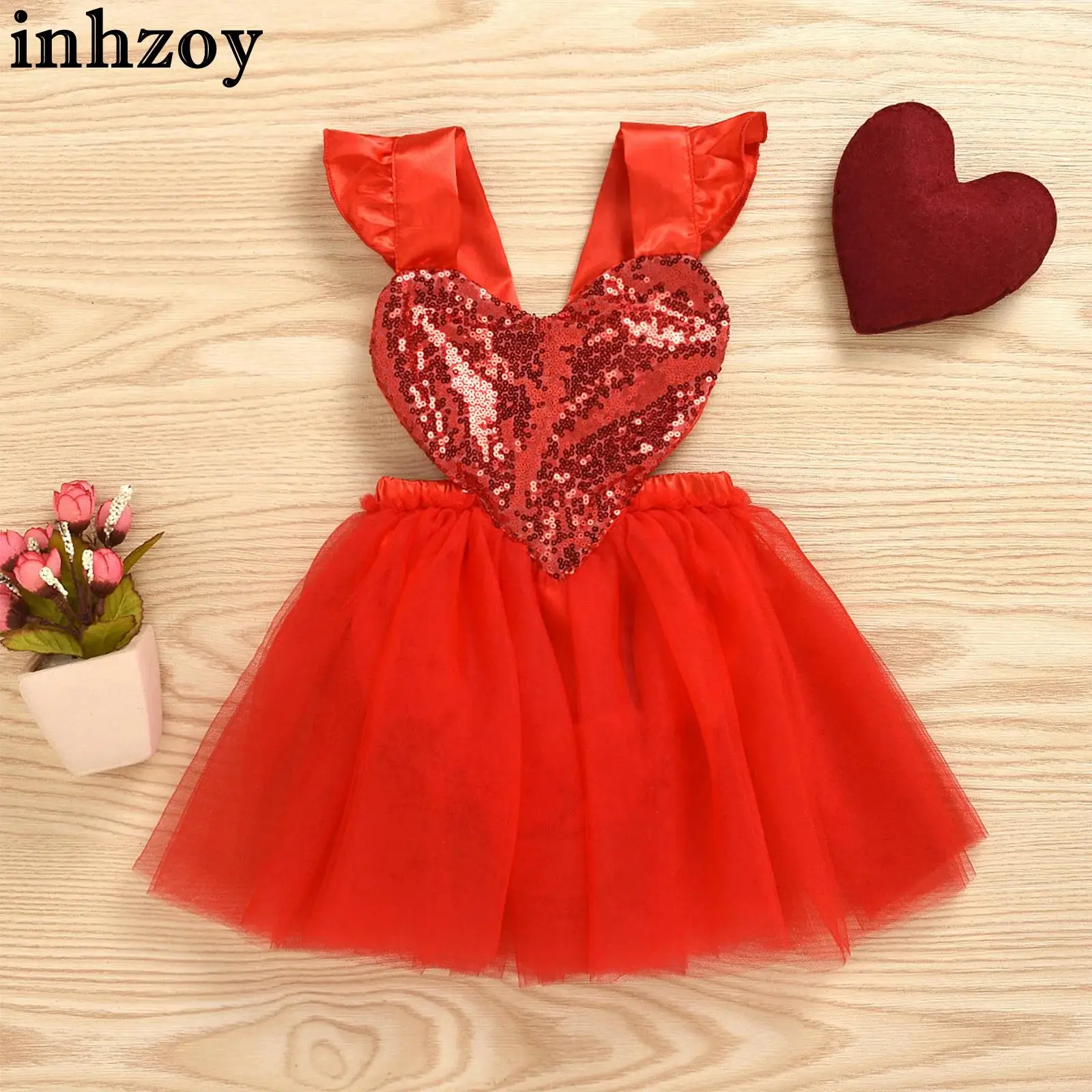 

Baby Girls Sweet Valentine Tutu Dress Ruffles Sleeve Sequin Heart Backless Tulle Romper Birthday Party Photography Ball Gown