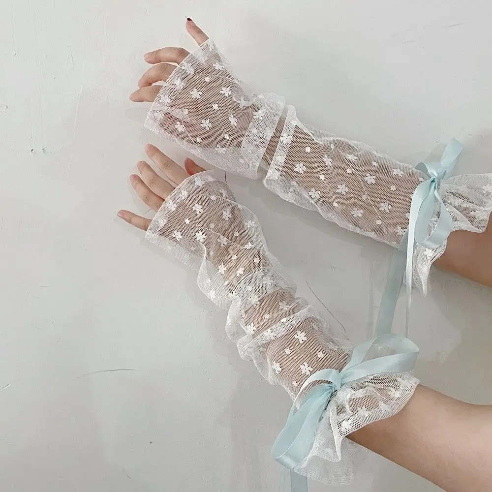 

Lolita Driving Gloves Sun Protection Ribbon Hollow Mesh Sunscreen Sleeve Lace Arm Warmers Ice Silk Sleeves Long Sleeve Glove