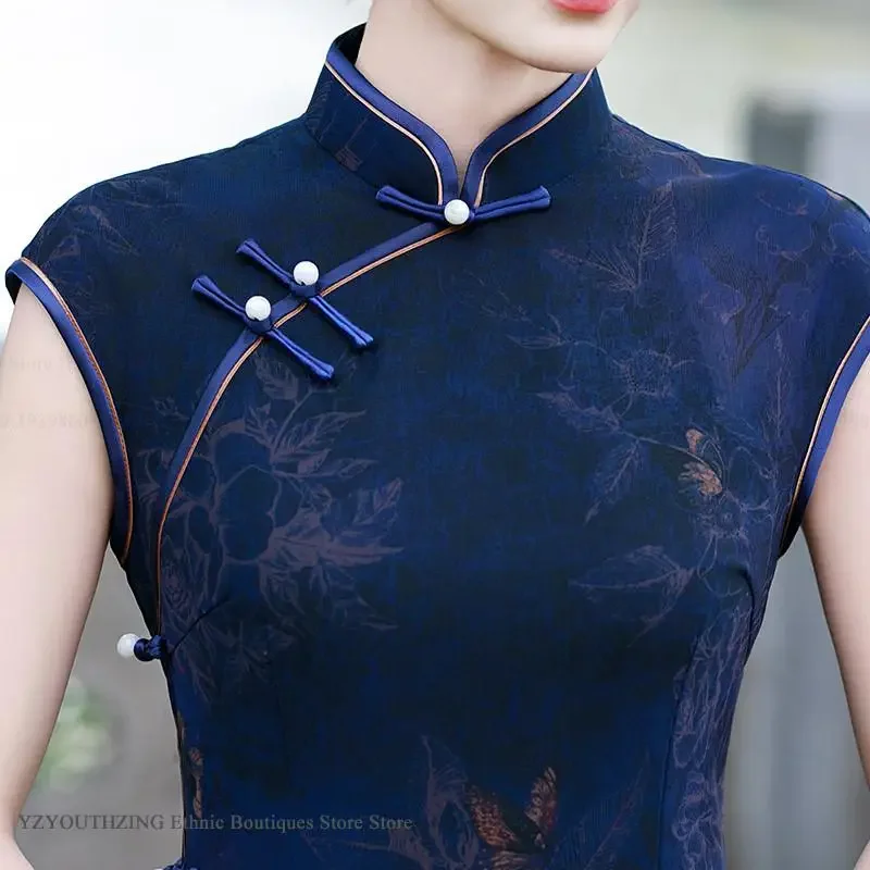 

Women Cheongsam Vintgae Classic Mandarin Collar Qipao Traditional Chinese Style Long Dress Sexy Print Flower Slim Vestidos 3XL