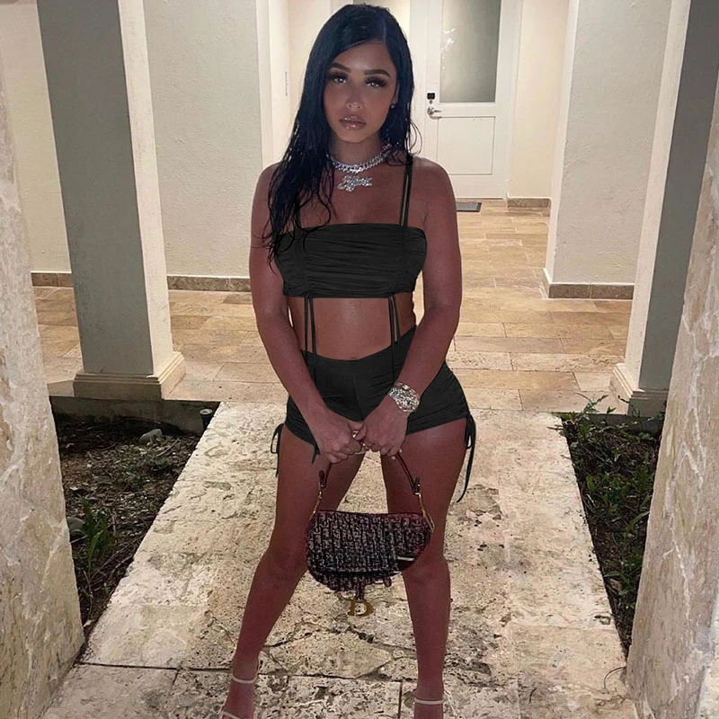 Sexy Drawstring Ruched Women 2 Piece Set Summer Outfit Vacation Beach Birthday Crop Top and Shorts Clubwear Party Matching Sets
