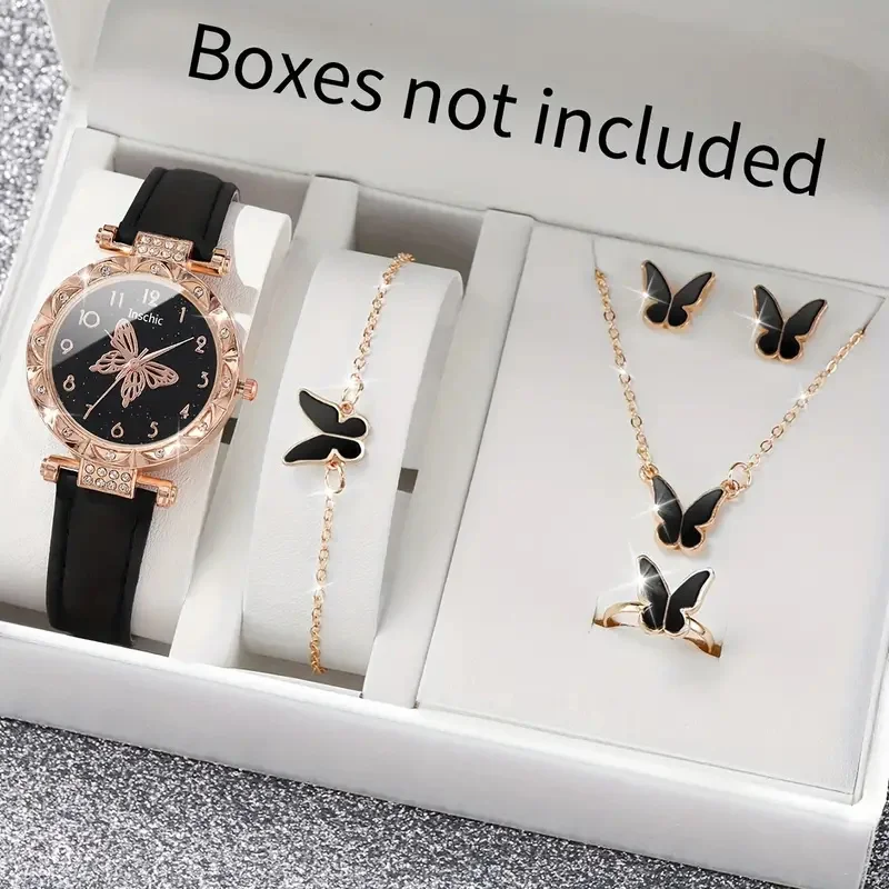 6pcs/set Women's Watch Butterfly Fashion Quartz Watch Shiny Rhinestone Analog Wrist Watch & Jewelry Set, Gift For Mom Her