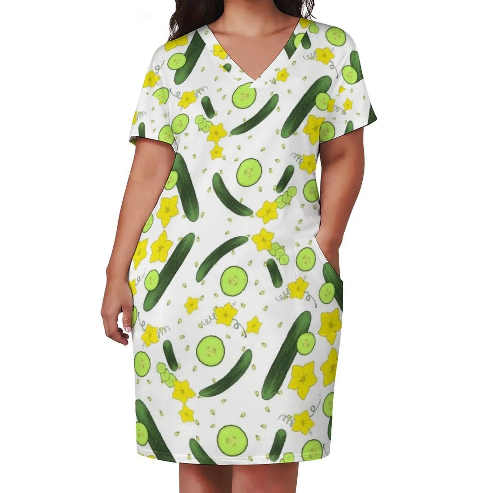 Cucumbers pattern with flowers green and yellow Loose Pocket Dress summer dress for women 2025 women party dresses