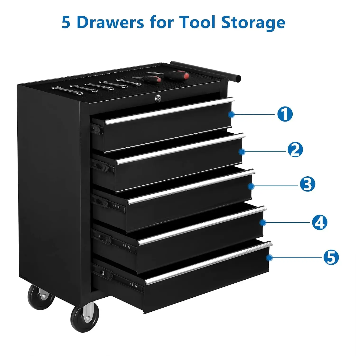 5-Drawer Rolling Tool Chest w/Drawers & Lock, Tool Storage Cabinet with Lockable Wheels, Top Cushion & Drawer Liners, Tool Organ