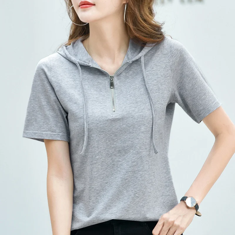 #0233 Blue Grey White Pink Hooded T Shirt Women Zipper Slim Cotton Short T-shirt Female Short Sleeve Women\'s Tee Shirt Summer