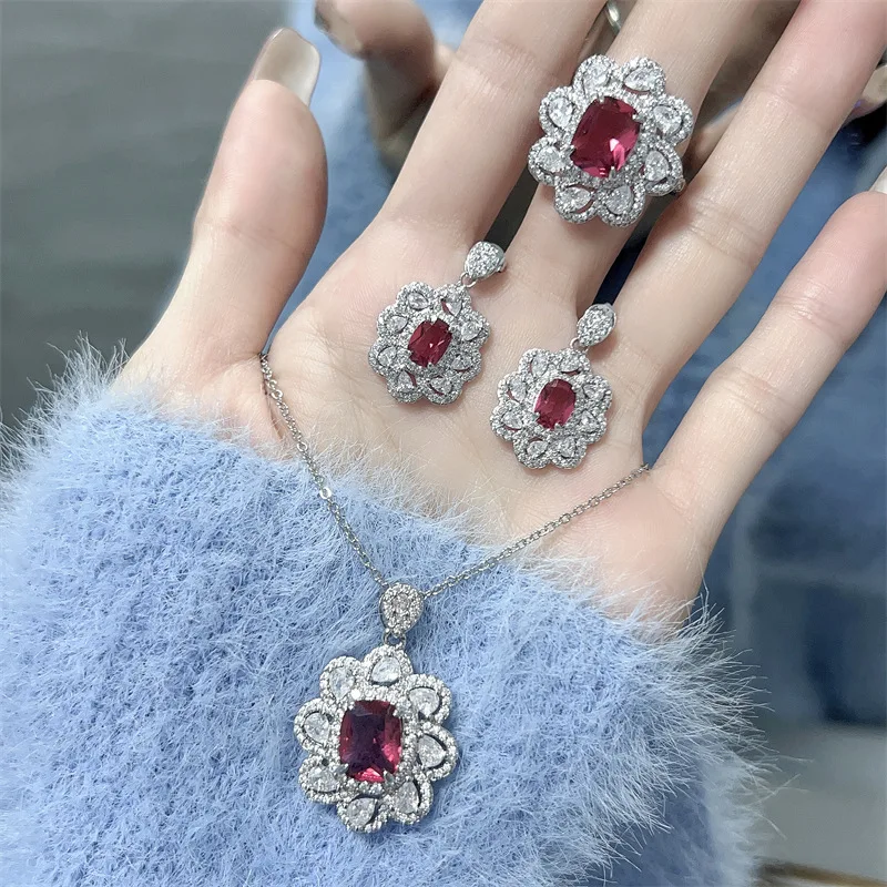 Luxury 925 Sterling Silver 4ct Cushion cut Red Ruby Gemstone Rings Earrings Necklace Jewelry Sets for Women Wedding Bridal