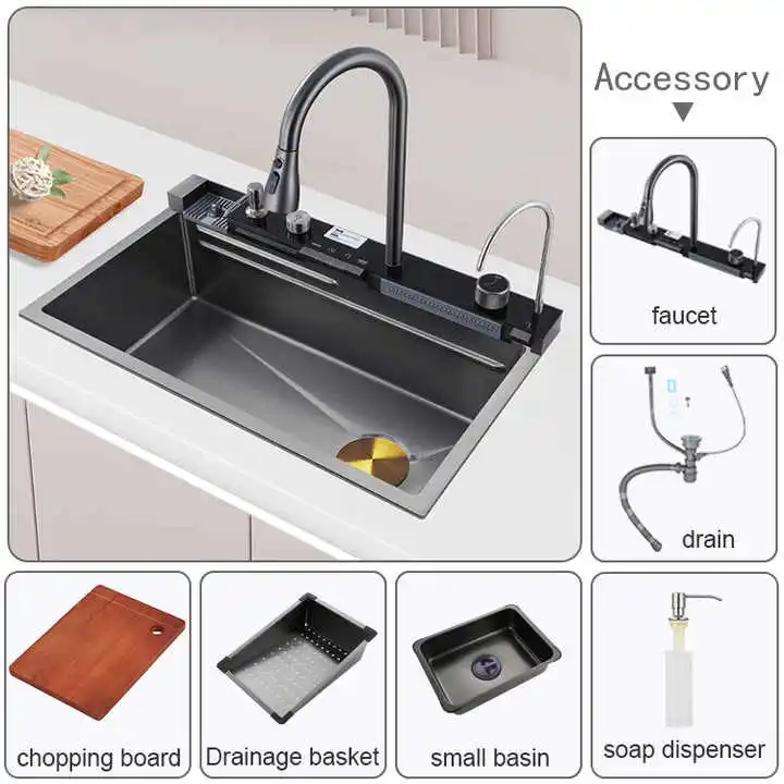 Factory Direct 2026 Stainless Steel Multifunctional Black Drop-down Modern Waterfall Smart Kitchen Sink Stainless Steel Modern