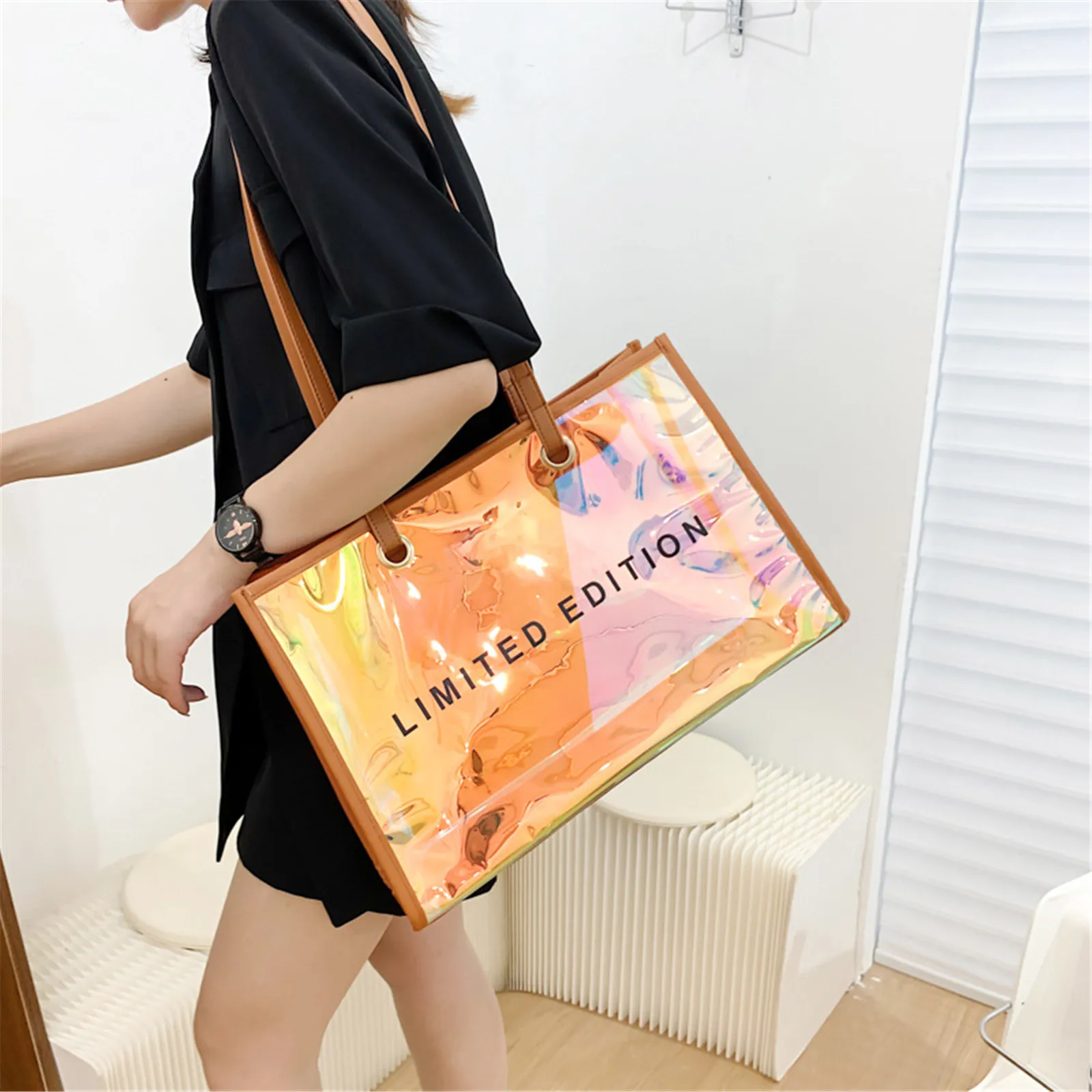 Laser Transparent Shopping Bag Casual Large Capacity Pvc Fruit Shoulder Bag Women\'S Printed Letter Tote Bag Waterproof Handbag