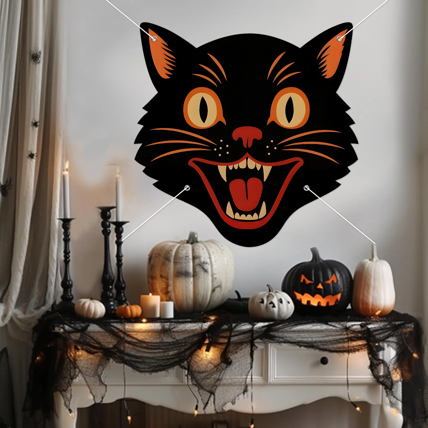 Vintage Halloween Schwarze Katze Türbanner Horror Hängendes Veranda-Schild Hintergrund für Spukhaus-Party Fotokulisse Dekoration – Detail 2
