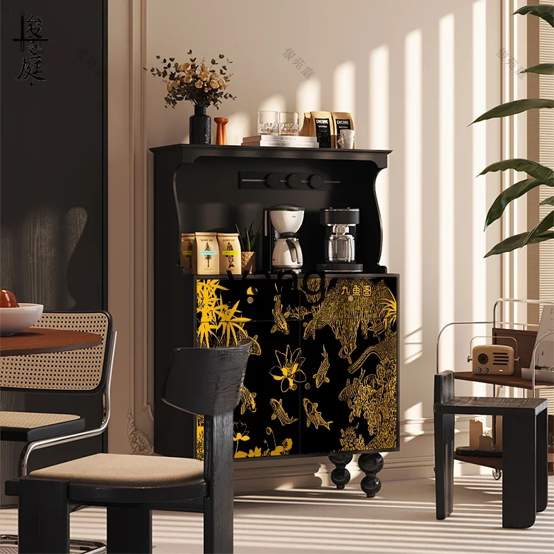 Yjq medieval style nine fish picture tea cabinet solid wood dining side living room crane decorative coffee locker sofa