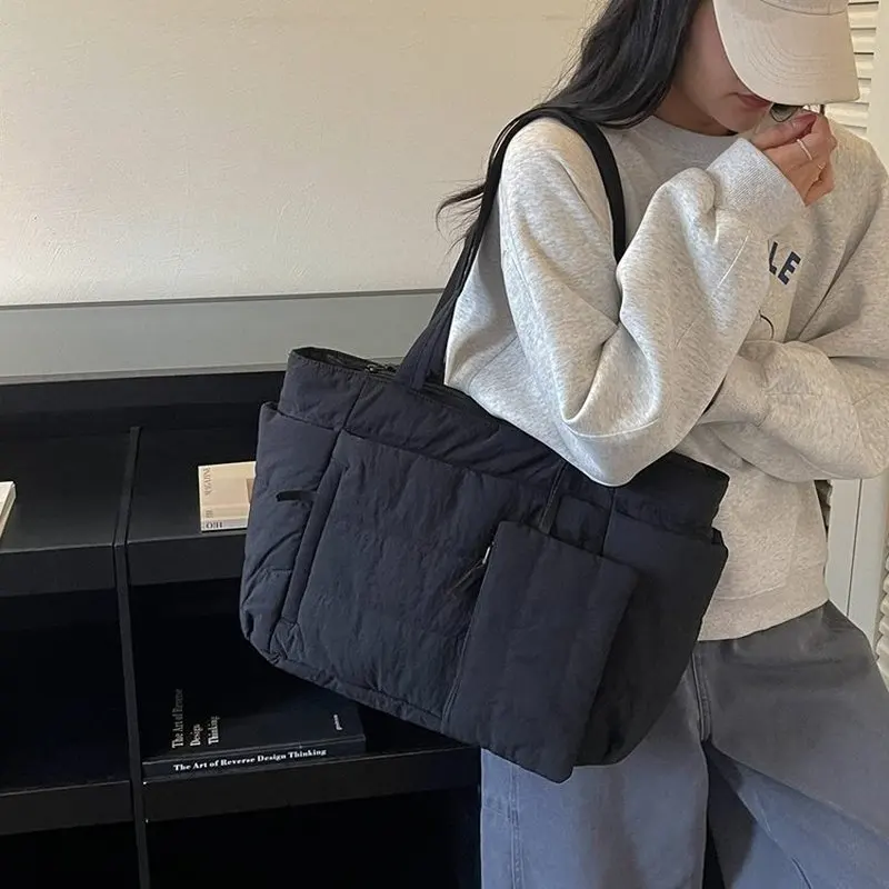 Women Pink Puffer Tote Bag With Detachable Mini Pouch Quilted Shoulder Purse Large Capacity Lightweight Daily Commuter Handbag view 4