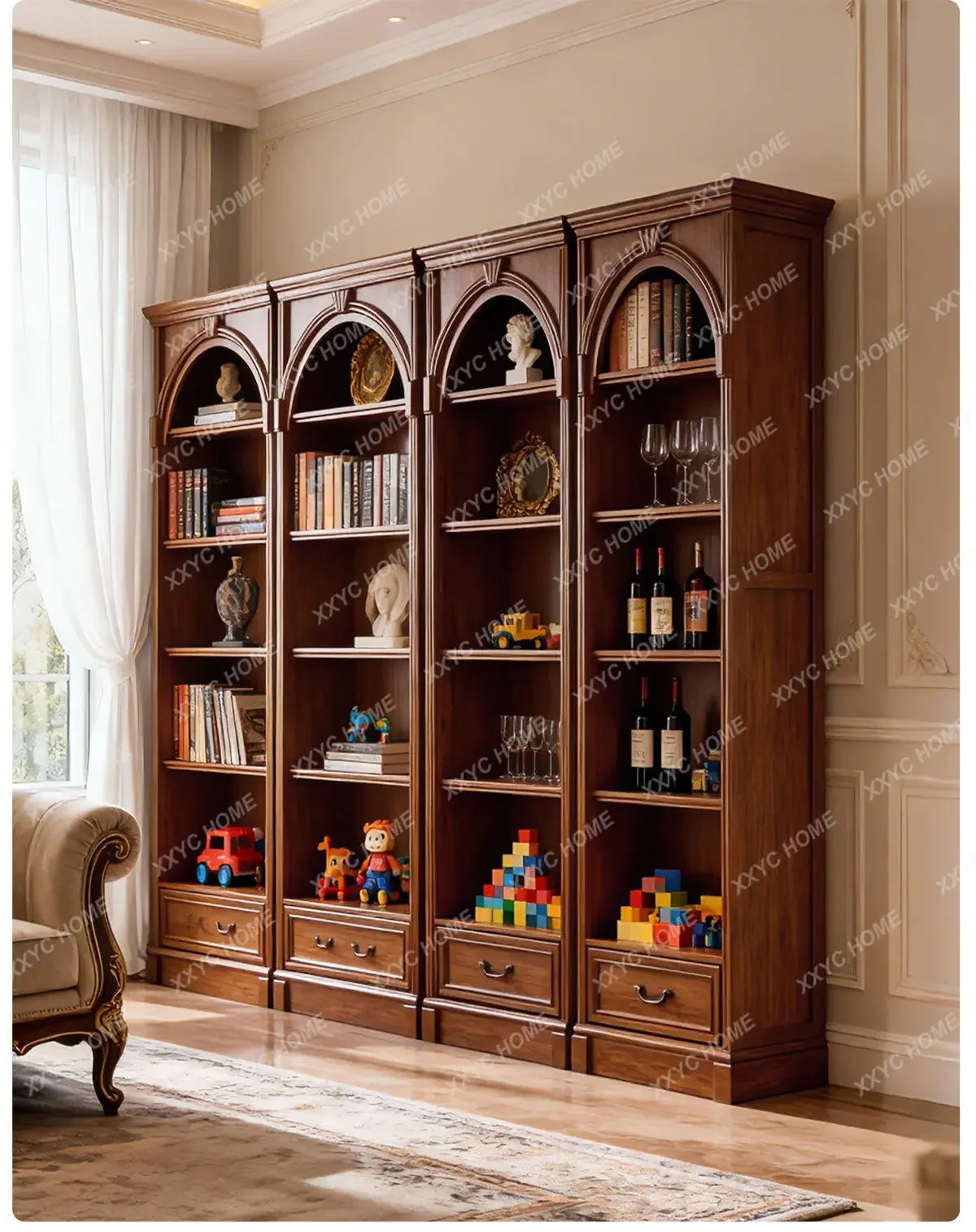 

Solid wood retro bookcase, living room combination bookshelf, locker integrated multi-functional storage cabinet