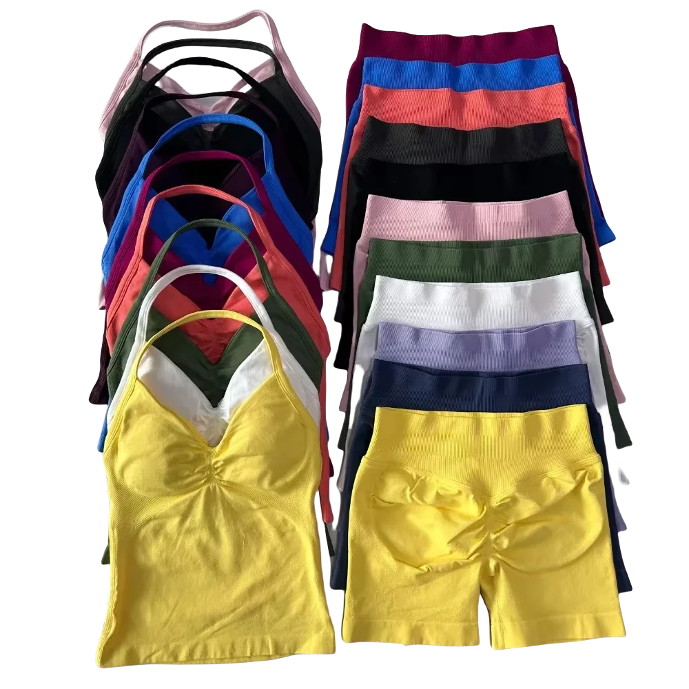 

Ударный спортивный комплект, женский комплект из двух предметов, майка с открытой спиной, топы для йоги, бесшовные шорты с высокой талией, спортивный костюм, спортивная одежда, комплект для тренировок