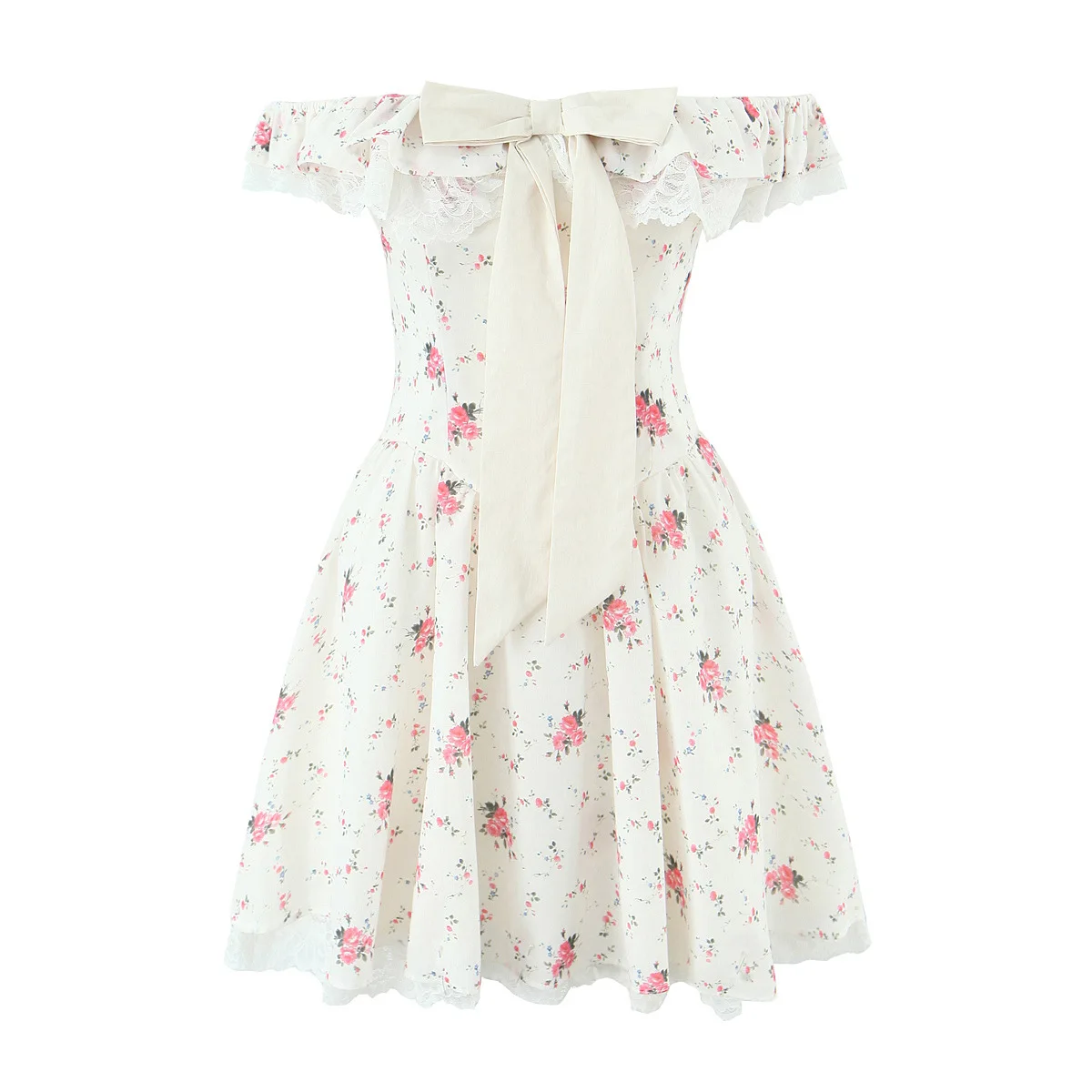 

2025 Summer Women Floral Print Bow Sexy Off Shoulder Dresses Short Sleeve Low Waist Elegant A-line Party Mini Dress