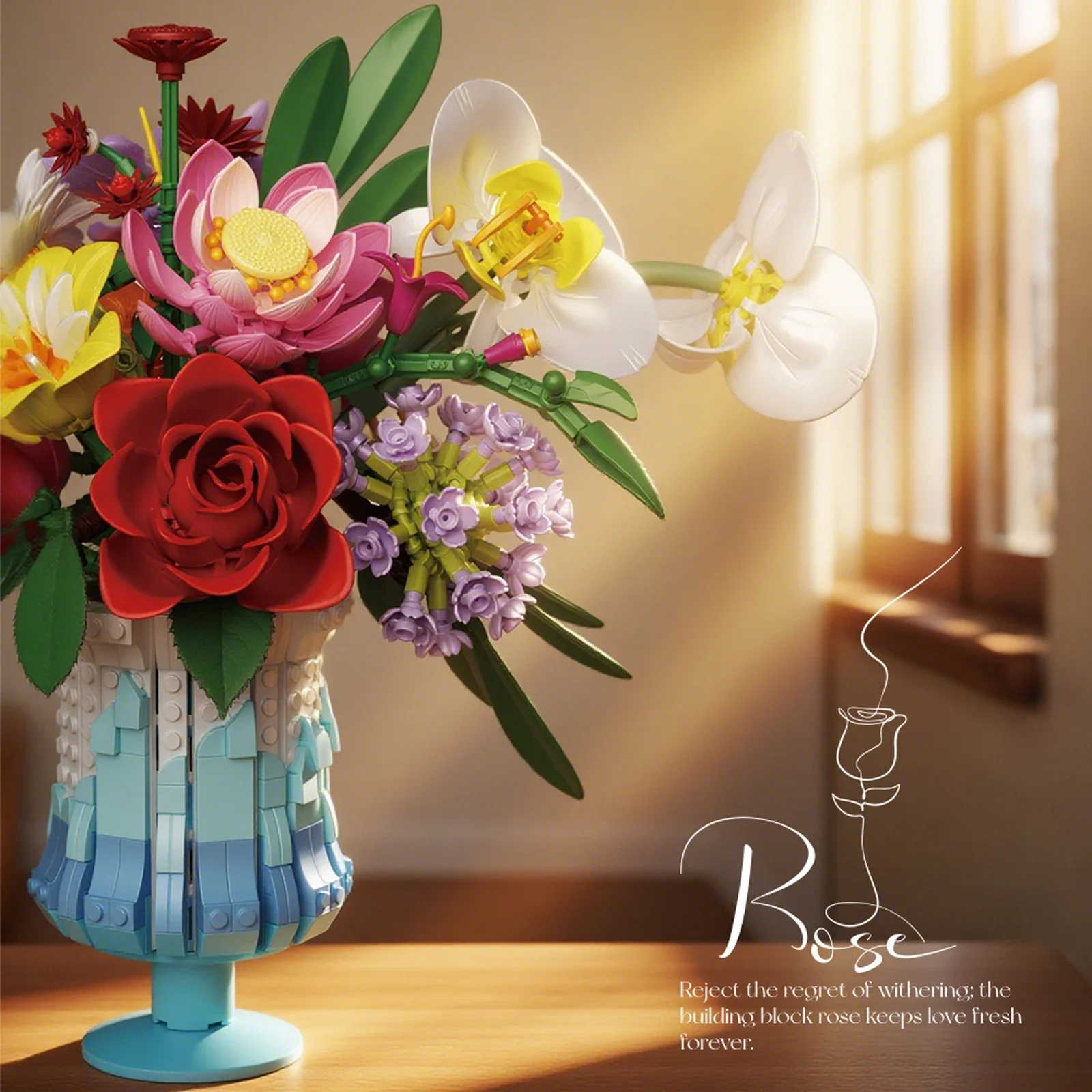 956 قطعة باقة زهور النباتات الأوروبية مع زهرية اللبنات محاكاة الزهور ديكور المنزل لعبة الفتيات هدية الورد الرومانسي