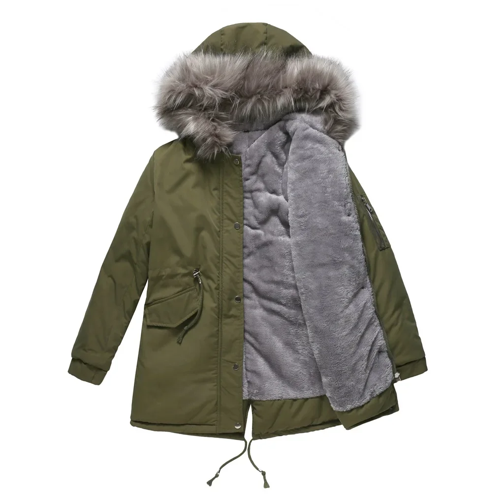 Roupas de inverno femininas com capuz gola de pele sintética jaquetas meados de longo parkas cintura com rendas até casaco único breasted quente mais roupas