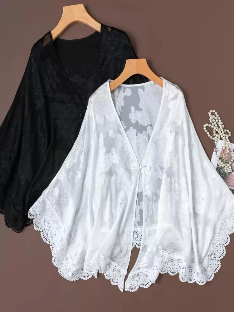 Birdtree, 100% Real Silk Sheer Shawl Tops, V-neck Shirt, Women Cutwork Voile Loose Silhouette Blouse, 2026 Summer New T66419JF