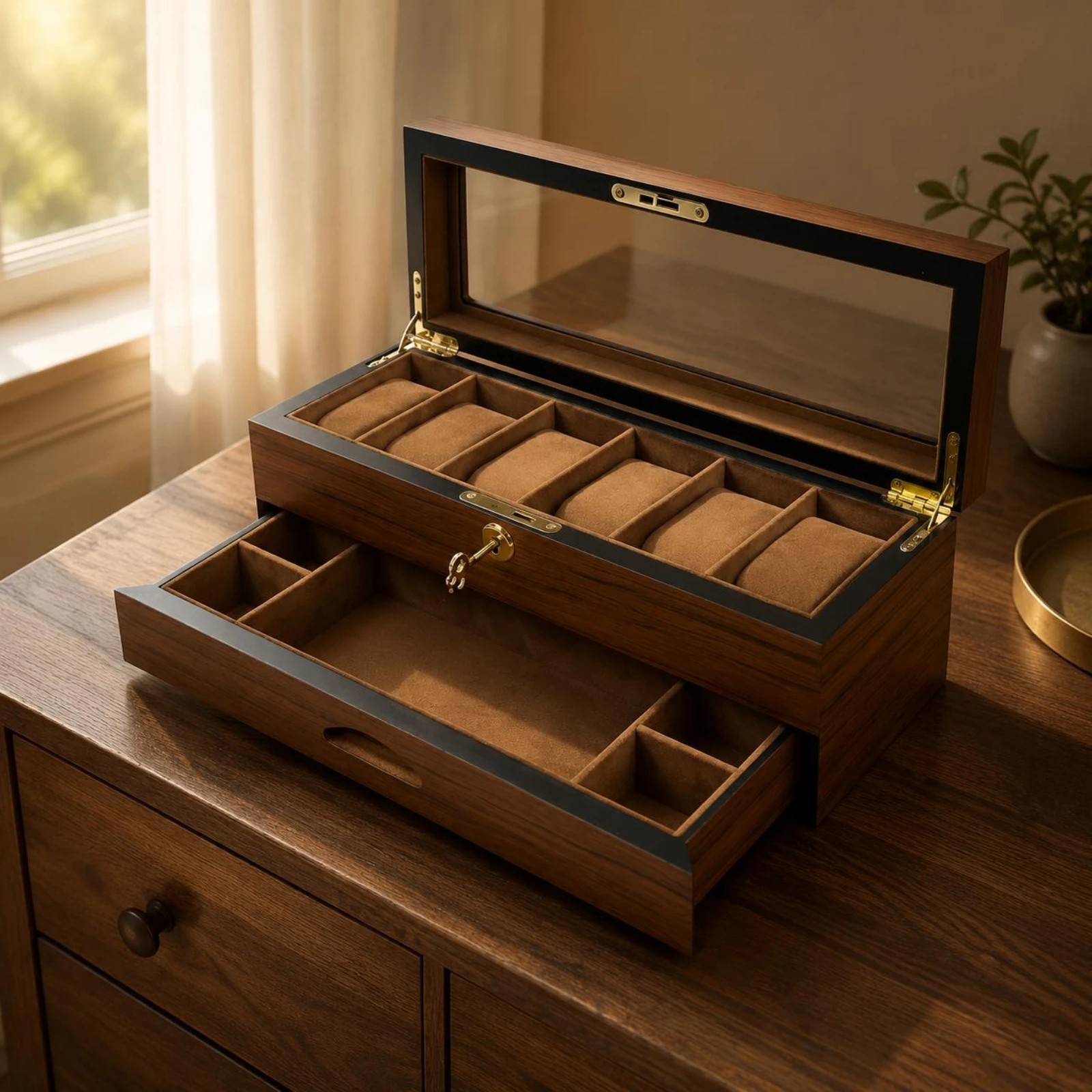 

Double-Layer Watch Organizer Transparent Lid Wooden Watch Box Gold-Tone Hardware