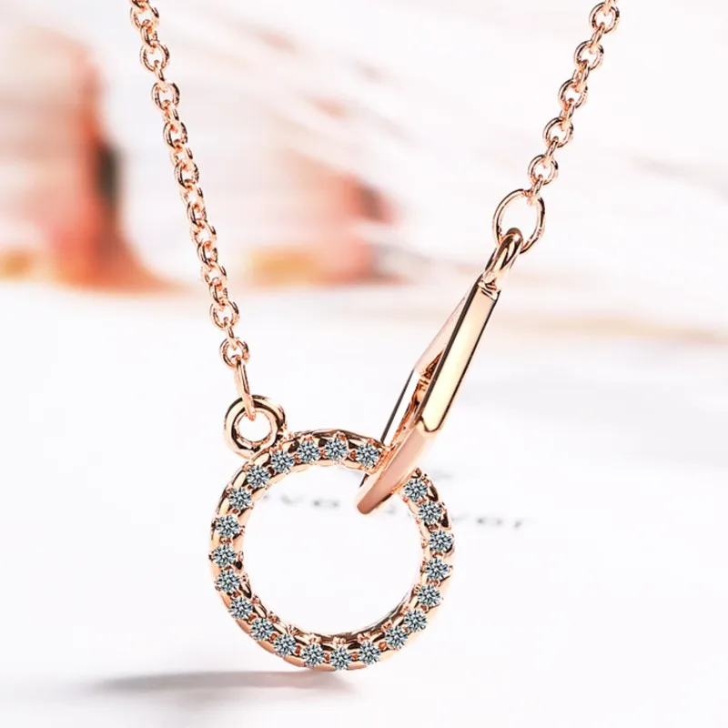 Double Round Circle Rose Gold Silver Color Necklace For Women Zircon Jewelry Pendant Chain kolye collares de moda