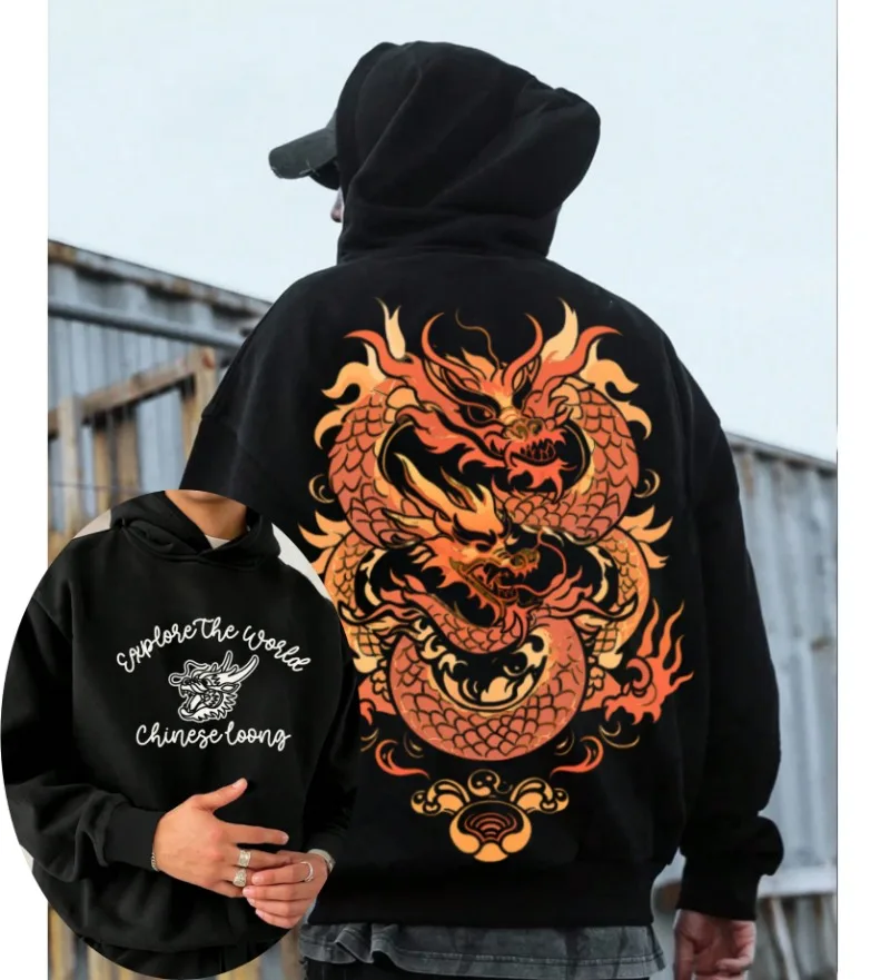 

Classic Gangster Chinese Loong Super Large Print HD FrontBack Print Pockets Thickened Casual Loose Home 2yk Hoodie Autumn/Winter