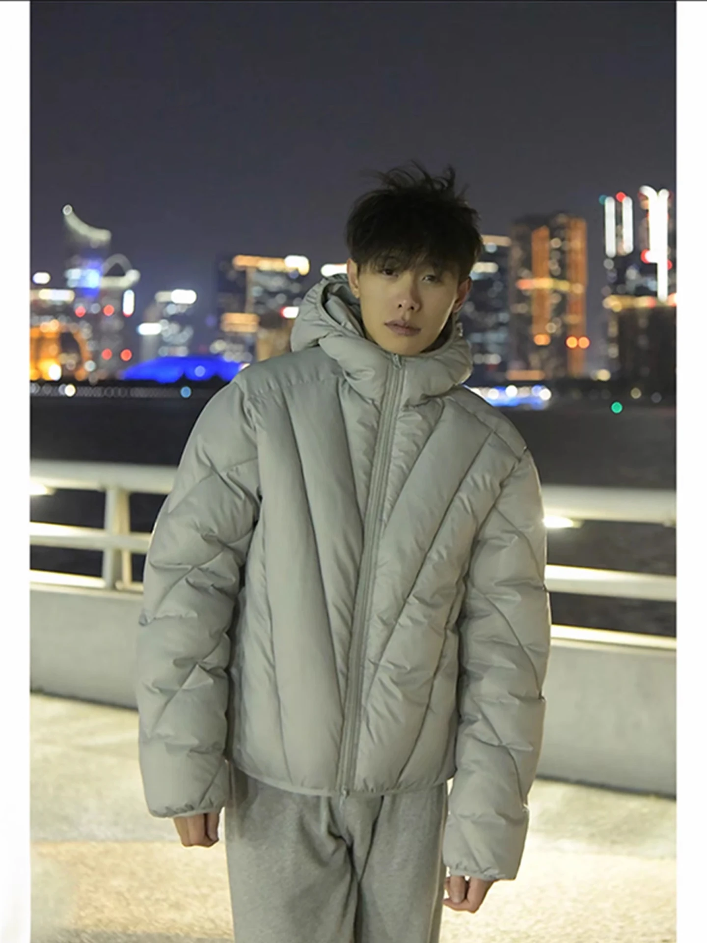 

ay Sc V-Notch Ribbed Cotton Jaet Hooded Thiened Men's Winter Coat Warmth Youth Trendy Straight Hem Zipper Closure