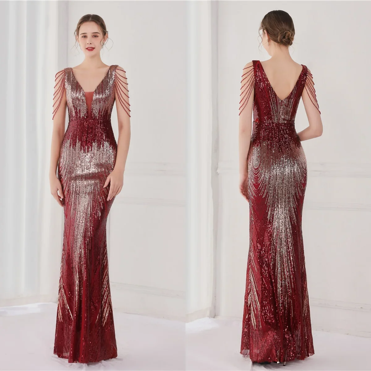 

Evening Dresses Burgundy Sequins Stretchy Beads V-neck Zipper Back Mermaid Trumpet Floor Length Women Party Formal Gowns YE045