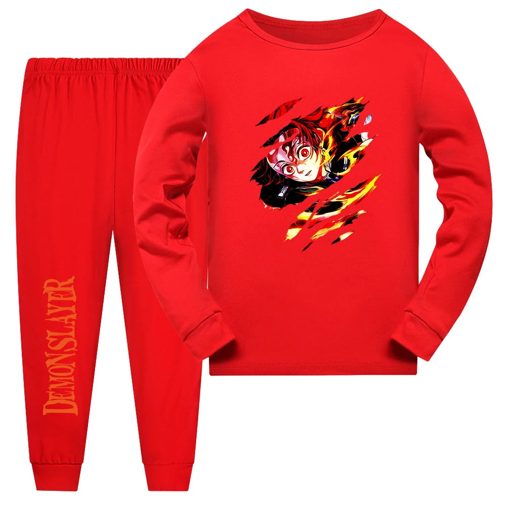 Demon Slayer Sleepwear Kamado Tanjirou Kamado Nezuko Agatsuma Zenitsu Children\'s Homewear Suit Long-sleeve Two-piece Pajamas Set