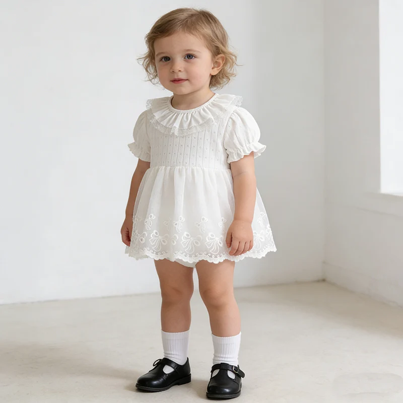 2026 New Summer 0-24M Children Clothes Toddler Baby Girls Jumpsuit Short Sleeved Cotton Lace Splicing Newborn Baby Girls Romper