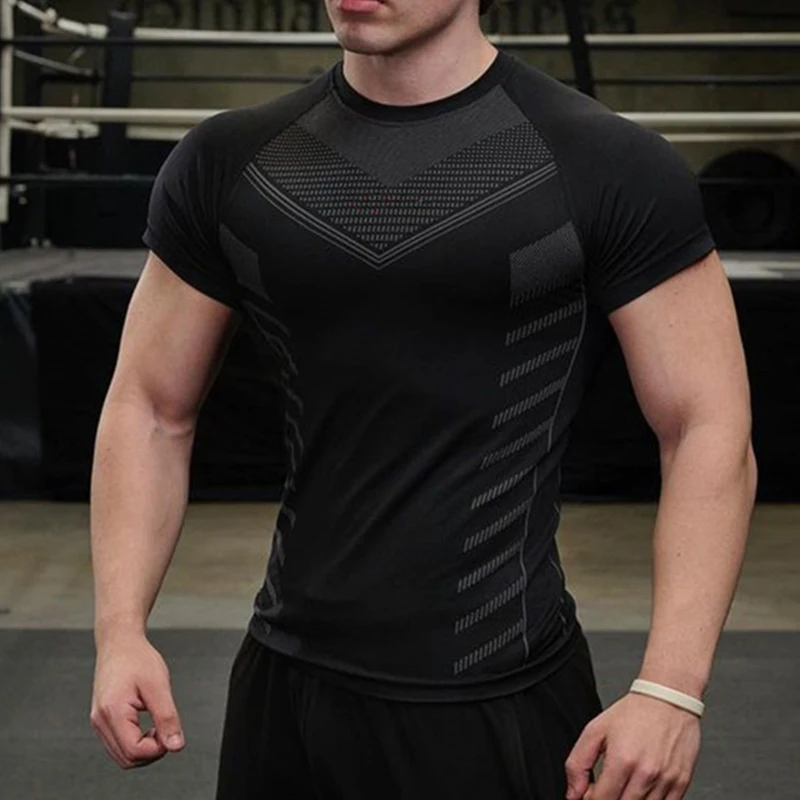 New Men Gym T-shirt High elasticity bodybuilding fitness quick dry short sleeve men\'s sports Tight teep tops men running T-shirt