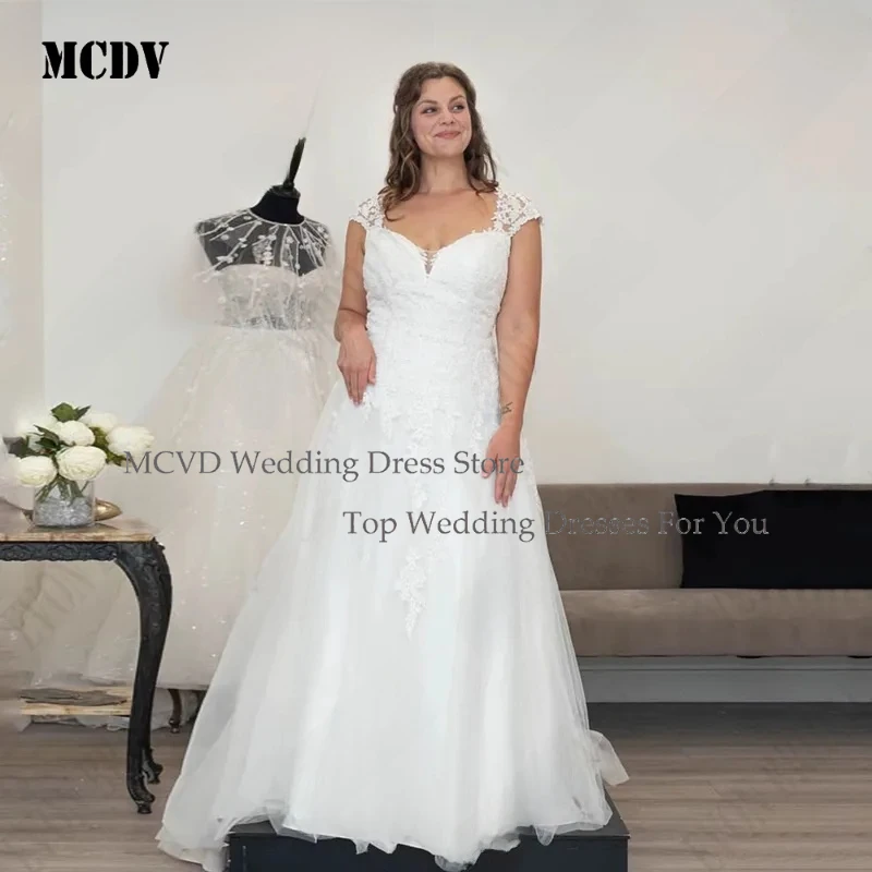 

MCDV Women Plus Size A Line Tulle Wedding Dress Cap Sleeves V Neck Customized Bride Gowns with Sweep Train for Wedding