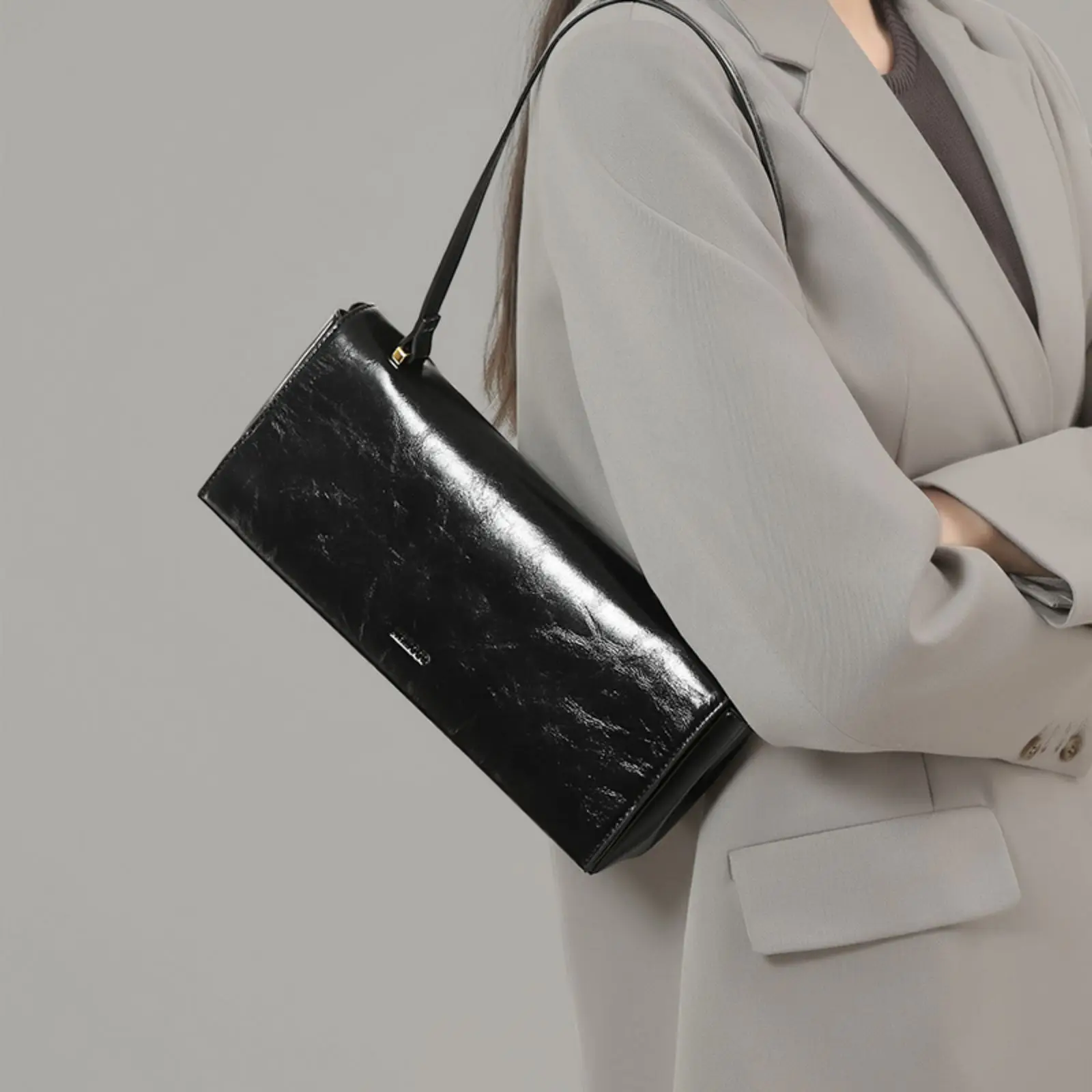 حقيبة كتف نسائية من جلد البقر الأسود من ITAMOOD - تصميم أسطواني بسيط، حقيبة يد مسائية من الجلد الطبيعي للمكتب والحفلات