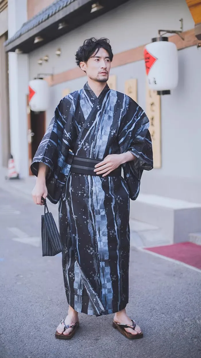 Men's Japanese Samurai Yukata Set – 6-Piece Traditional Kimono with Floral Design, Formal Style for Travel, Photography Cosplay