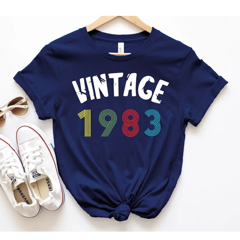 Vintage 1983 42th 42 Years Old Birthday Women T Shirts Cotton Retro Graphic T-shirts Party Clothes O Neck Streetwear Outfits