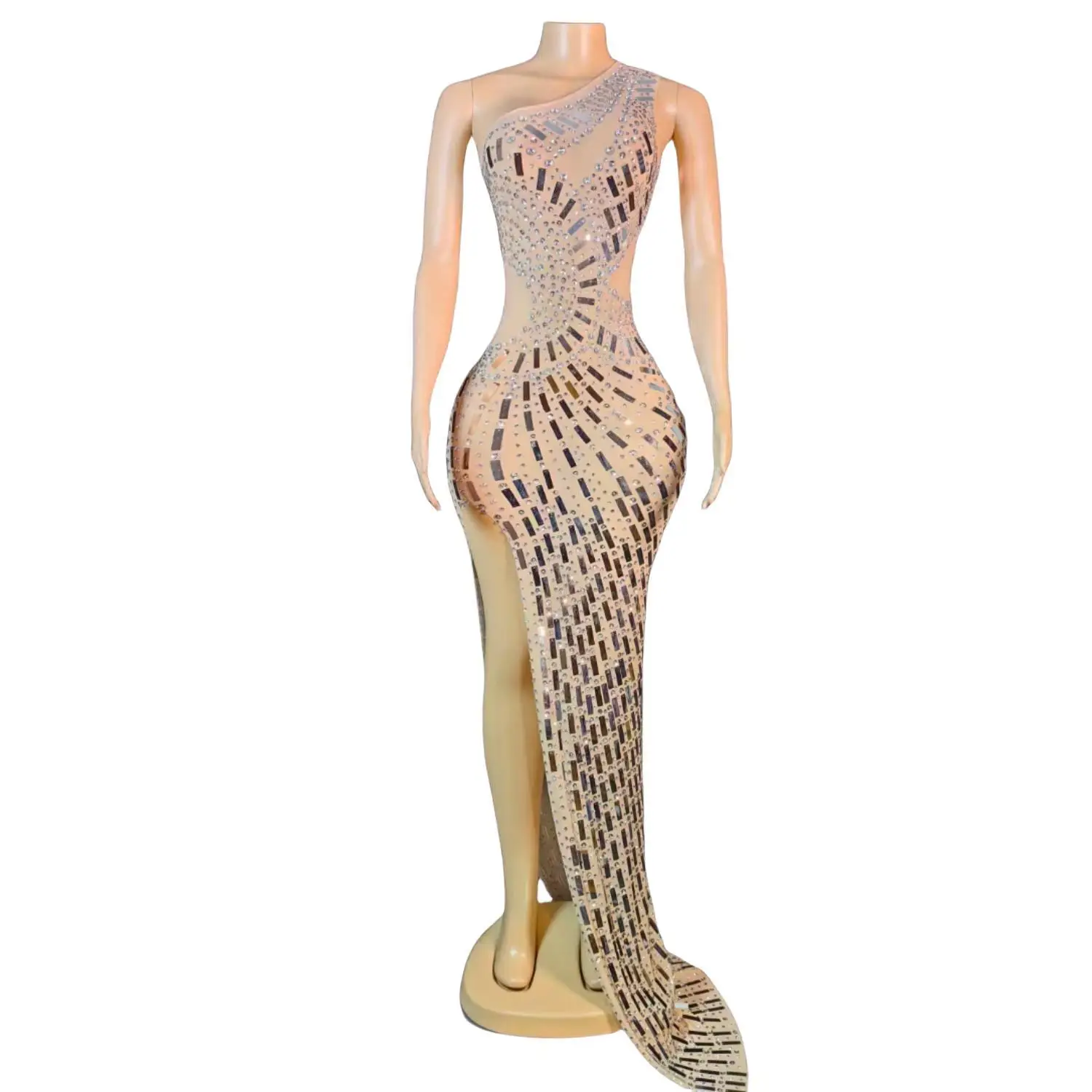 

Sdanjian Sparkly Sequins High Side Slits Floor-length Dress Sexy Women Elegant One shoulder Evening Gown Celebrate Party Outfit