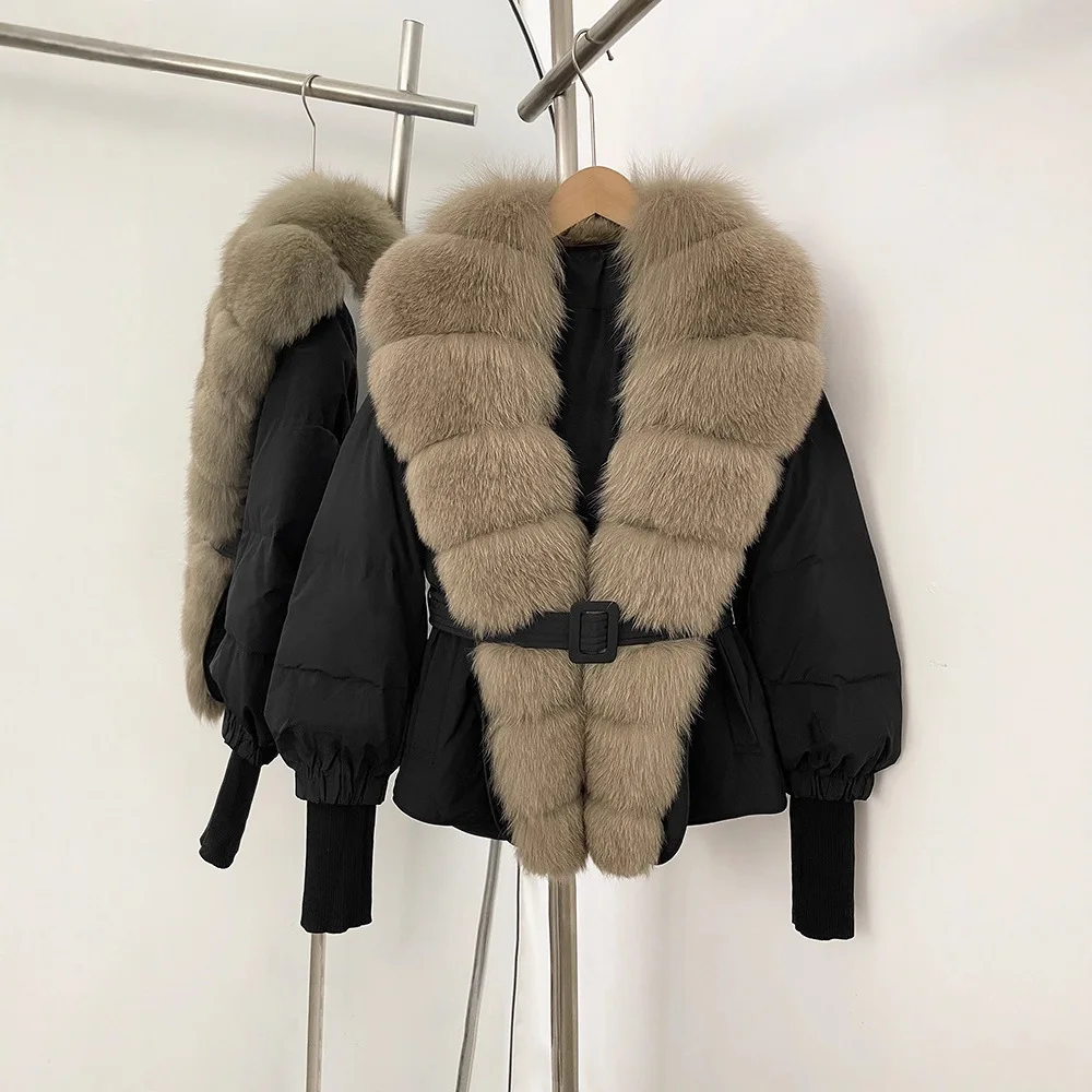 เสื้อโค้ทขนเป็ดคอปกขนจิ้งจอกแท้ ดีไซน์หรูหรา ทรงหลวม สไตล์ลำลอง อเนกประสงค์ หนา อุ่น สำหรับผู้หญิง ฤดูหนาว