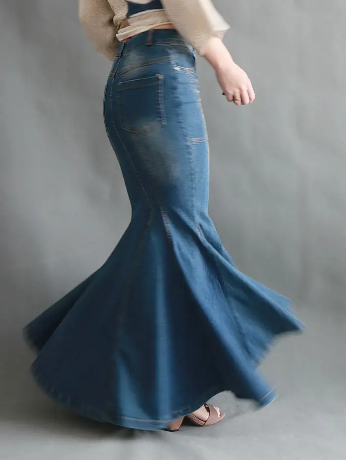 Fashion Mermaid Denim Maxi Skirt Bodycon Fishtail Wrap Hip Vintage Large Swing Long Skirt Sexy Elegant Tight Fitting Skirt