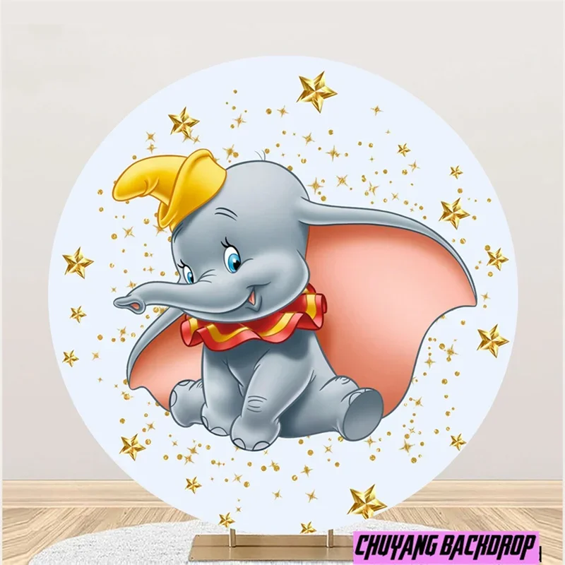 

Disney Cartoon Custom Elephant Dumbo Circus Round Backdrop Cover Kids Birthday Circle Elastic Photo Background Fabric Banner