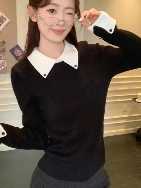 Stylish Color Block Knitted Sweater Women's Spring Autumn Winter Slim Fit Inner  Neck Top Quality Polyester Fiber Long Sl...