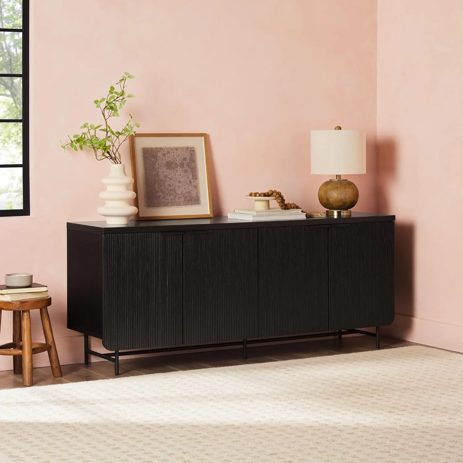 Walker Edison Scandinavian Grooved 4-Door Sideboard, 69 Inch, Black